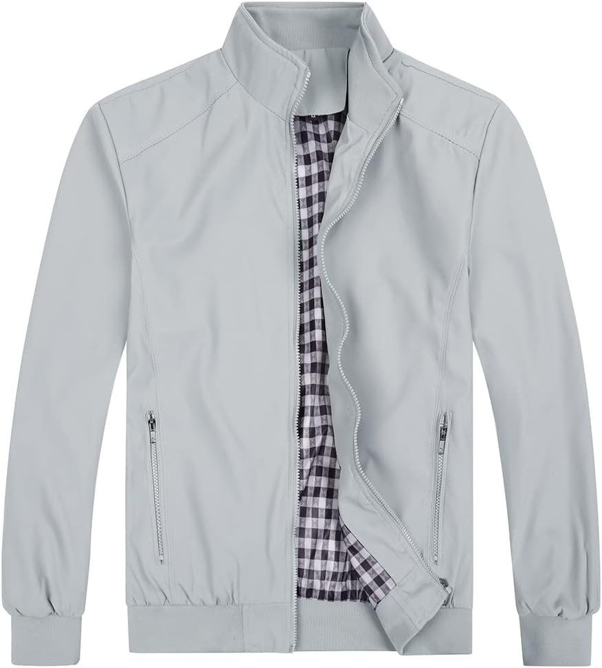 Men’s lightweight bomber jacket casual regular fit spring summer windbreaker light grey front view