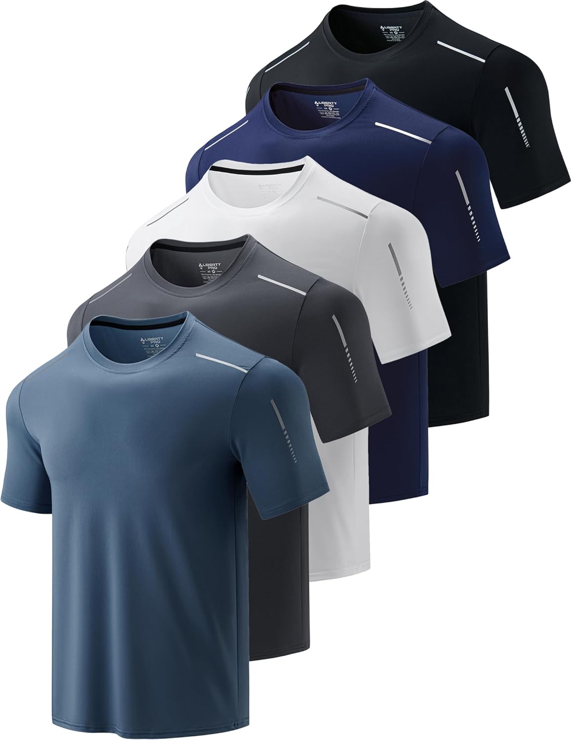 Men’s quick dry athletic t-shirts 5 pack moisture wicking training shirts blue grey color set front view