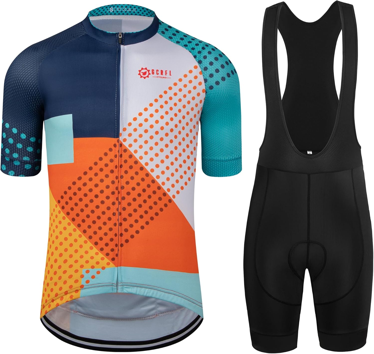 Men’s cycling jersey and bib shorts set short sleeve road bike outfit with 4D padded shorts blue orange design front view