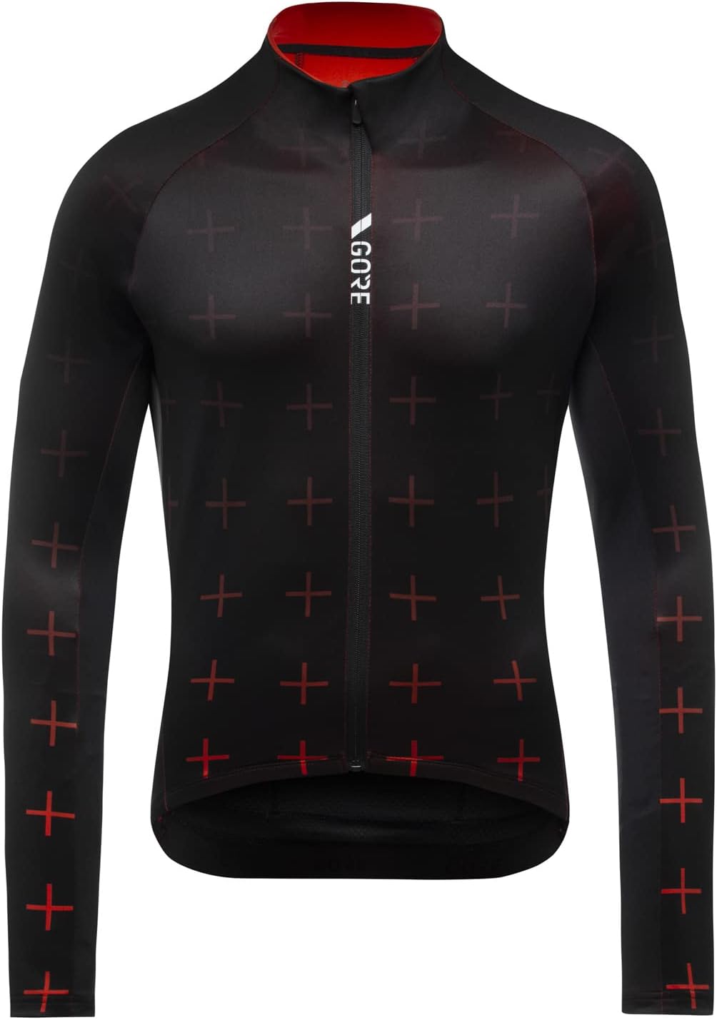 Men’s thermal cycling jersey long sleeve fleece lined bike jersey for cold weather riding black red detail front view