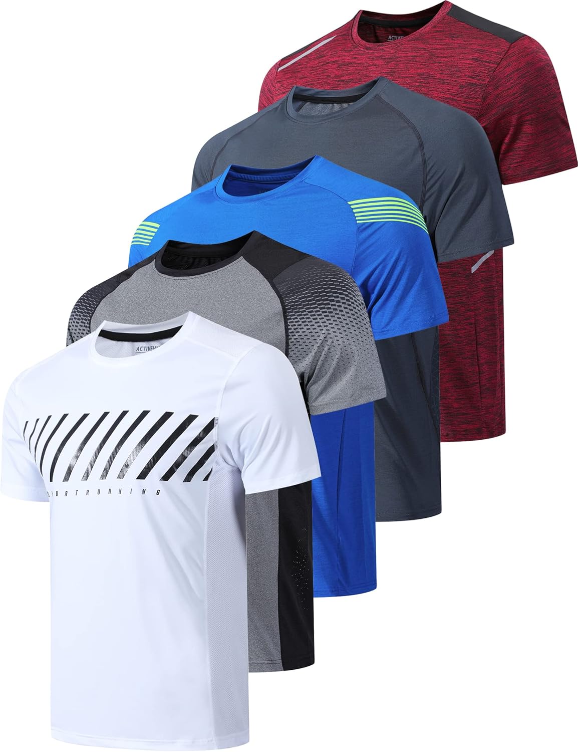 Men’s quick dry athletic t-shirts 5 pack moisture wicking crew neck workout shirts assorted color bundle