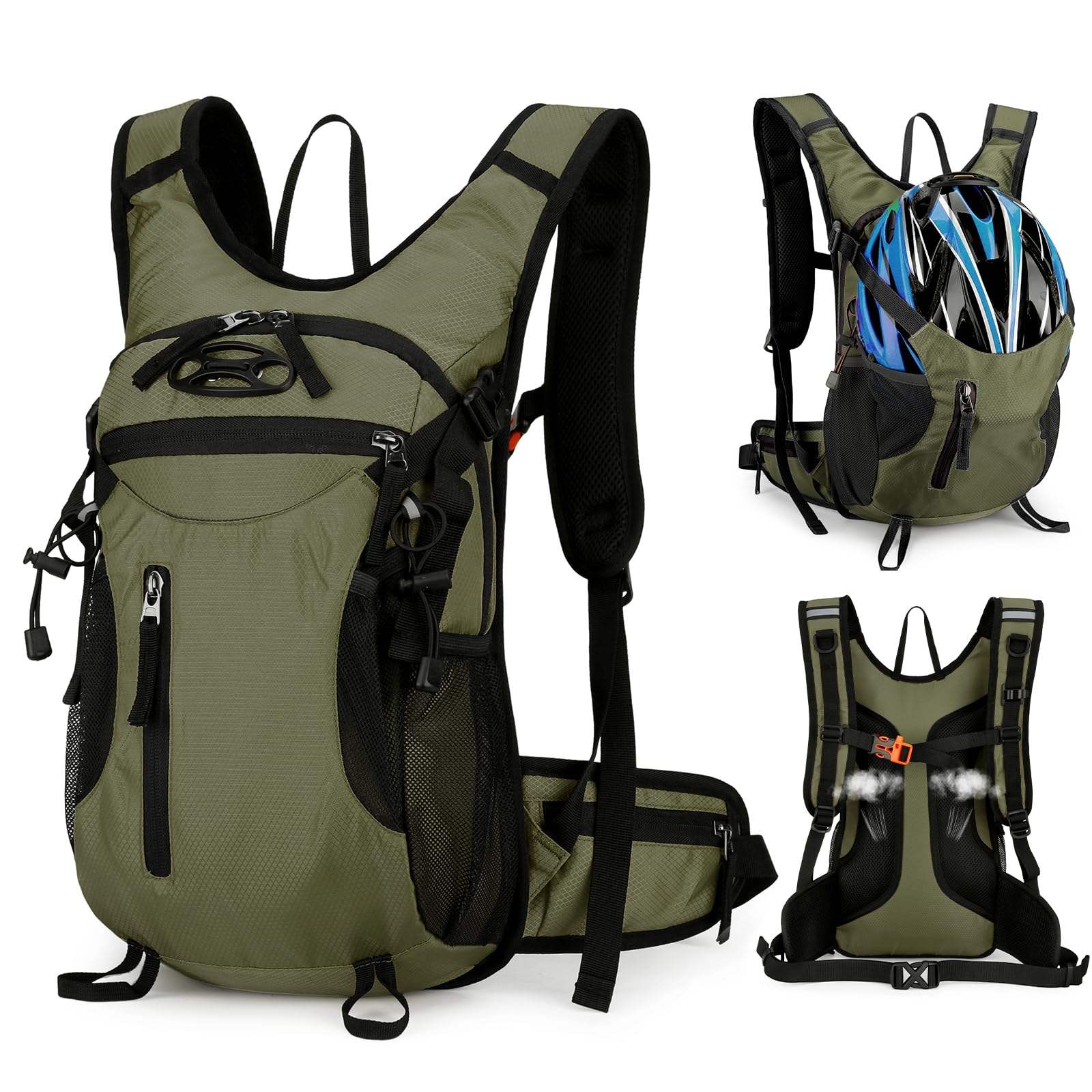 Olive green outdoor cycling backpack with helmet holder and hydration compartment for mountain biking and trail riding.