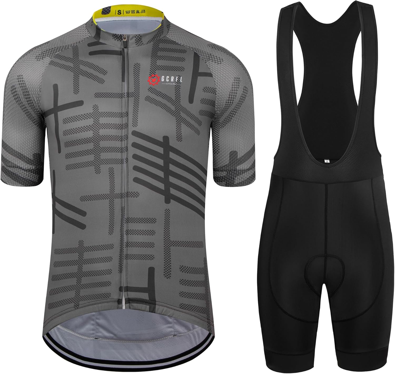 Men’s cycling jersey and bib shorts set short sleeve road bike outfit with 4D padded shorts dark grey pattern front view