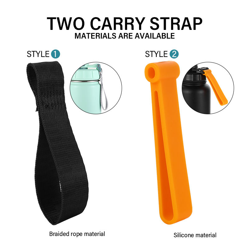 Two carry strap options for water bottles: braided rope material and silicone material.