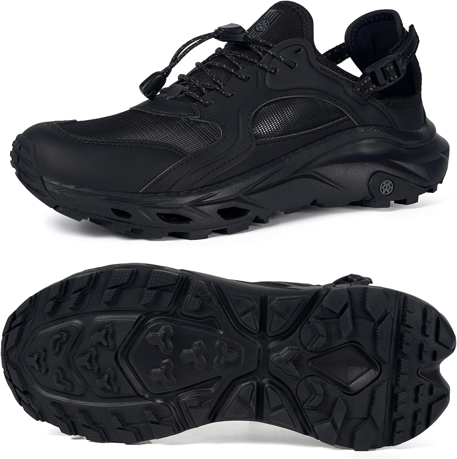 Men’s amphibious water sandals quick dry closed toe hiking beach aqua shoes black color front and sole view