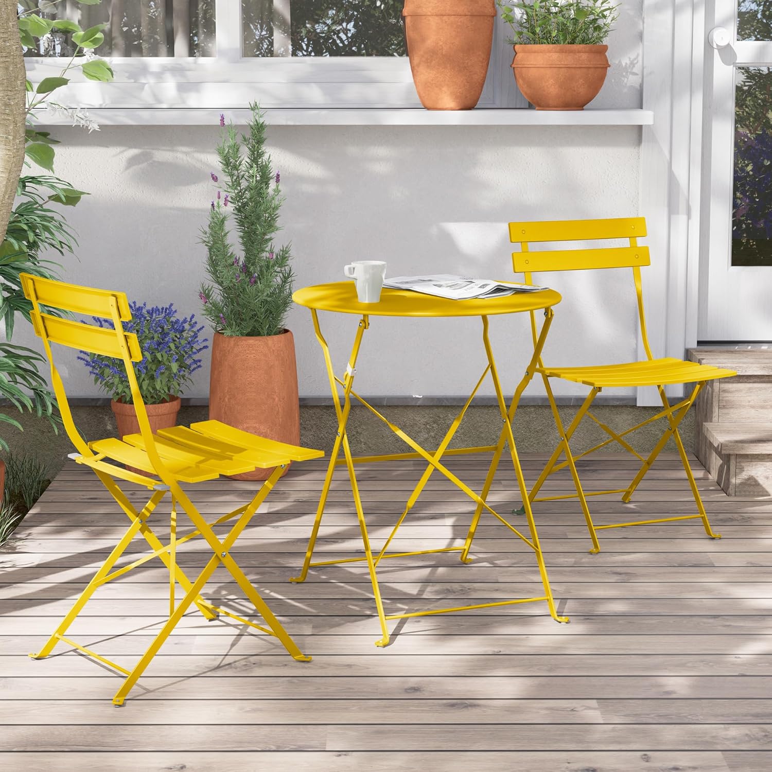 yellow metal folding bistro set outdoor patio table with two chairs balcony furniture