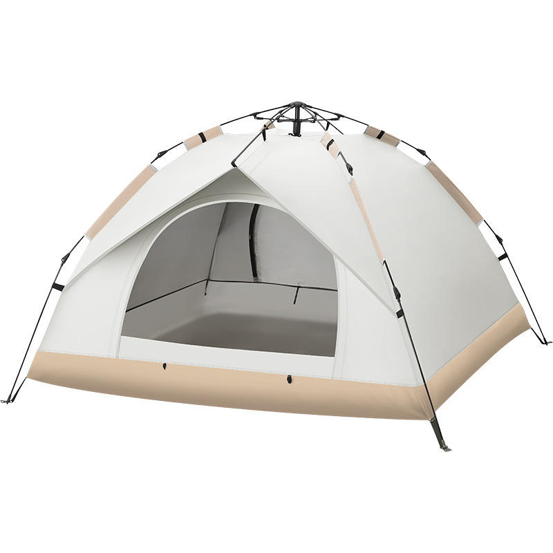 A white camping tent with a porch.