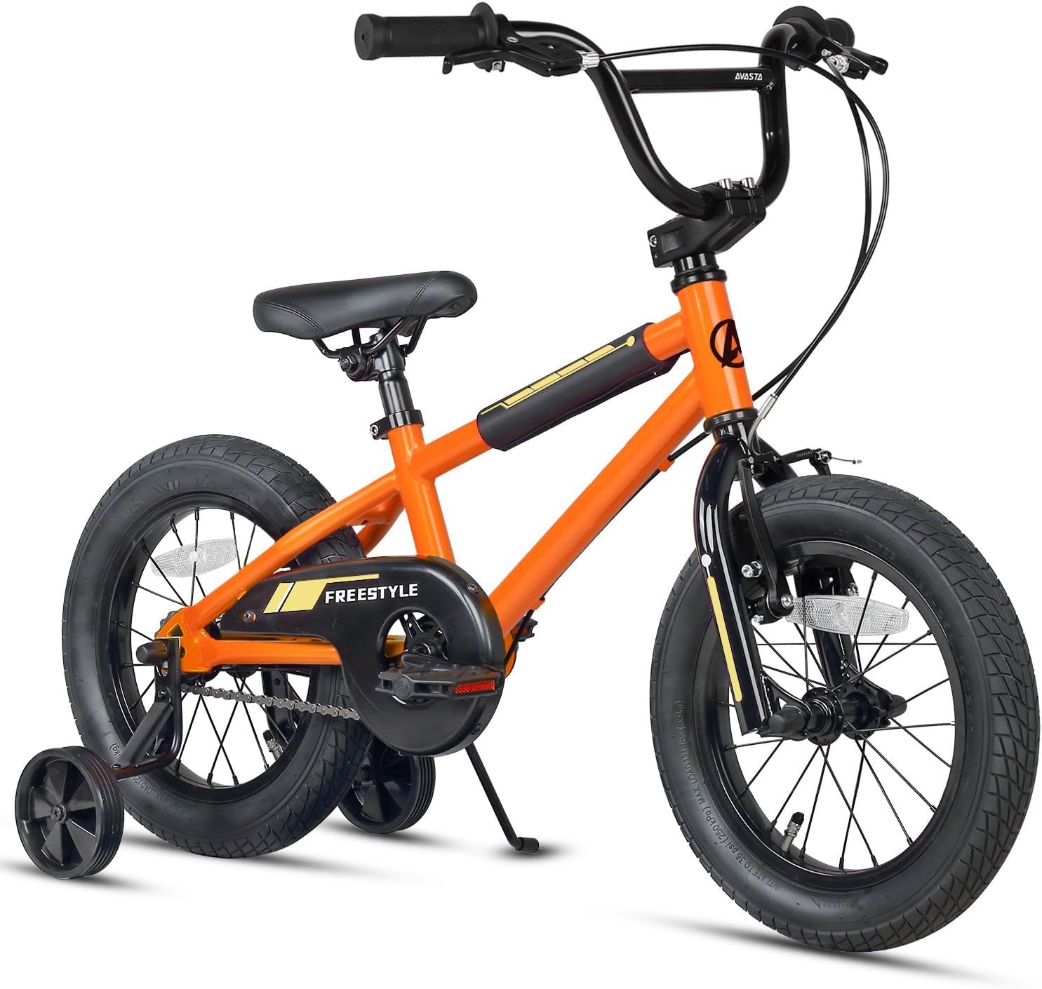 Orange 16-inch kids bicycle with training wheels, freestyle design, and black rims.