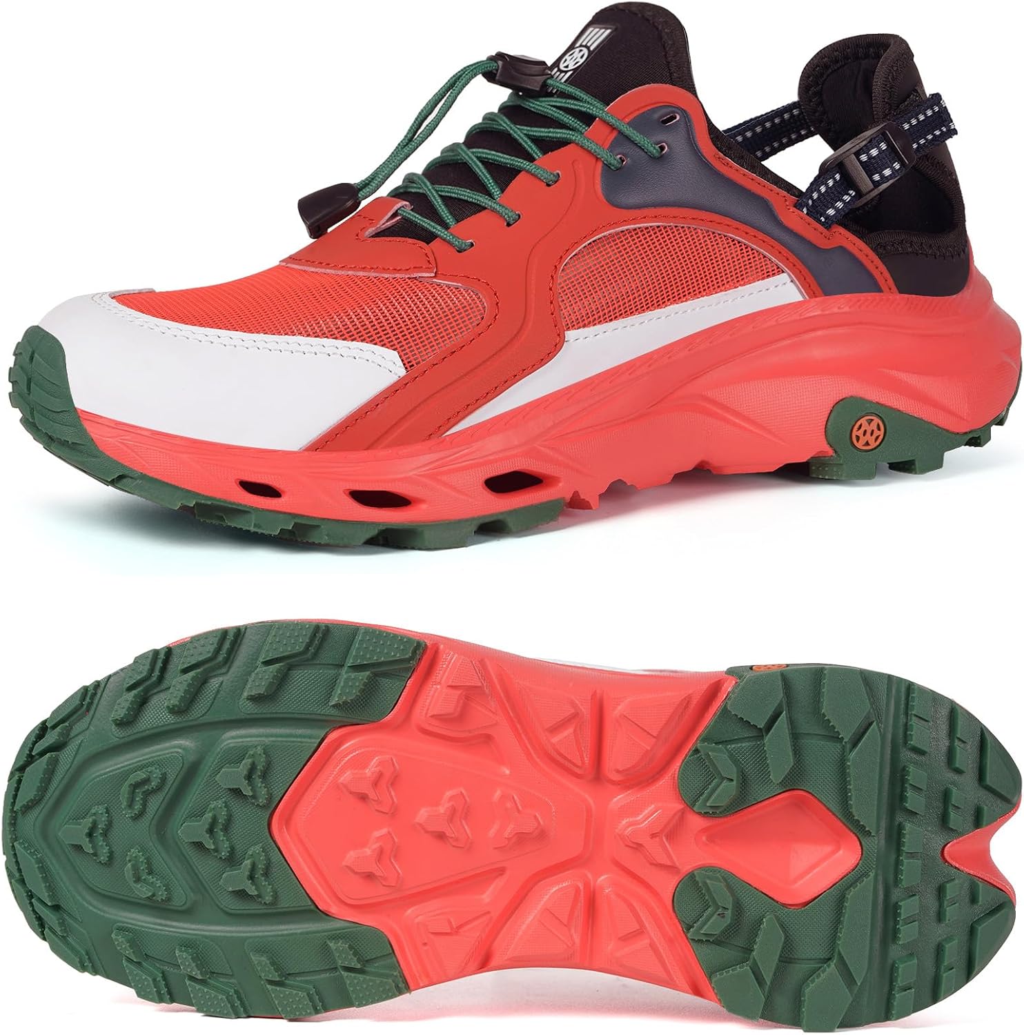 Men’s amphibious water sandals quick dry closed toe hiking beach aqua shoes red color front and sole view