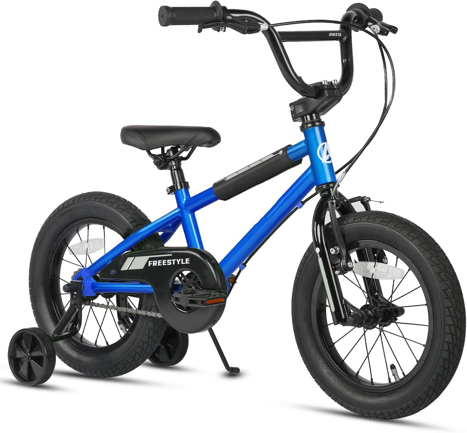 Blue 16-inch kids bicycle with training wheels, freestyle design, and black rims.