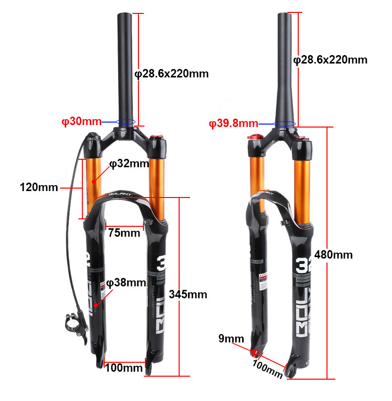 Mountain bike suspension fork with detailed size measurements showing steerer tube length, axle spacing, and overall fork dimensions.