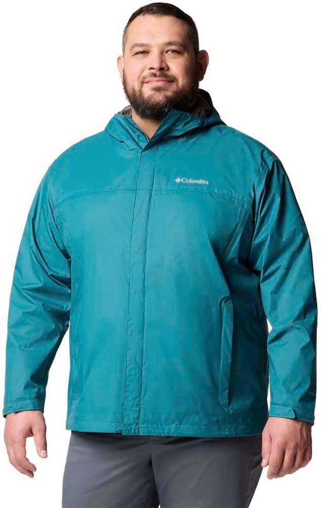 Men’s waterproof rain jacket lightweight breathable outdoor hooded shell teal blue model front view