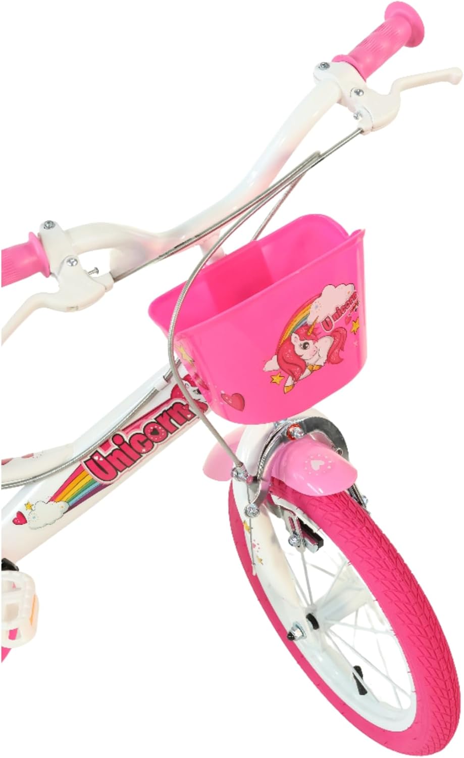 Pink and white 16-inch kids unicorn bicycle with training wheels, front basket, and rear doll seat designed for young girls learning to ride