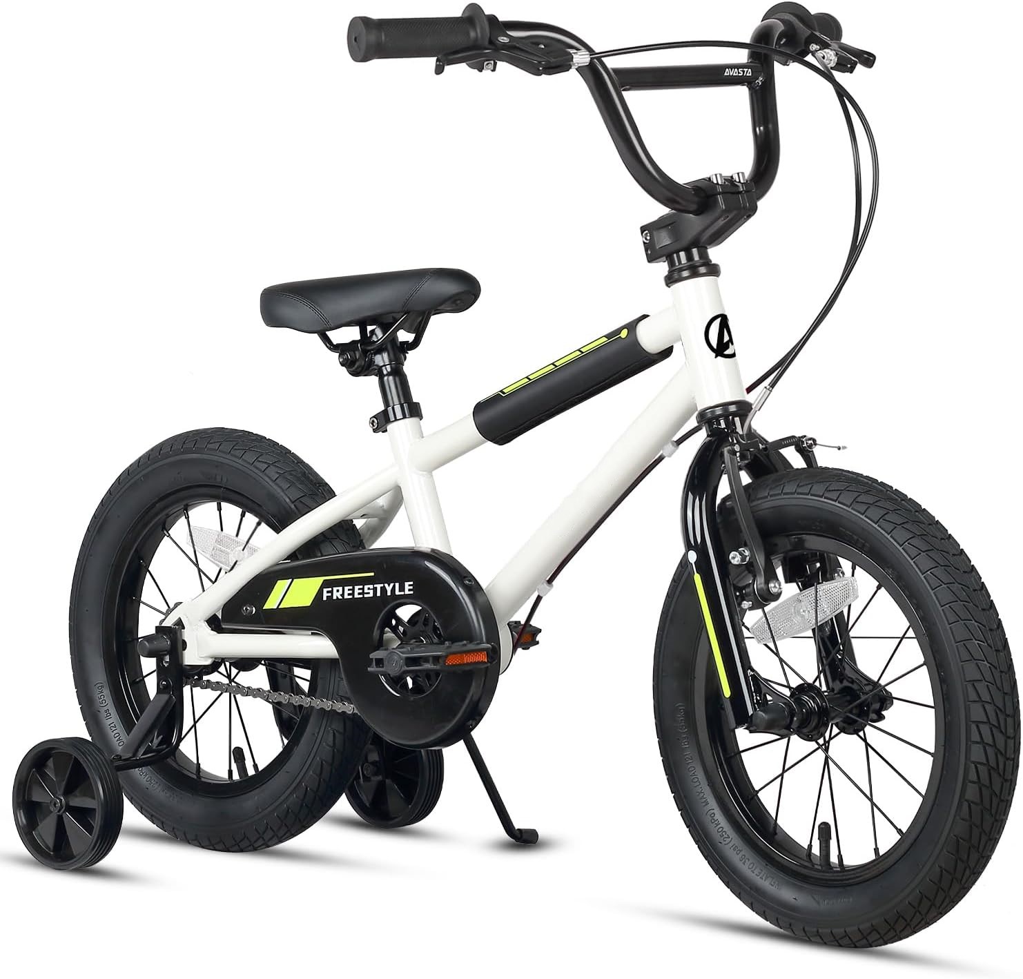 White 16-inch kids bicycle with training wheels, freestyle design, and black rims.