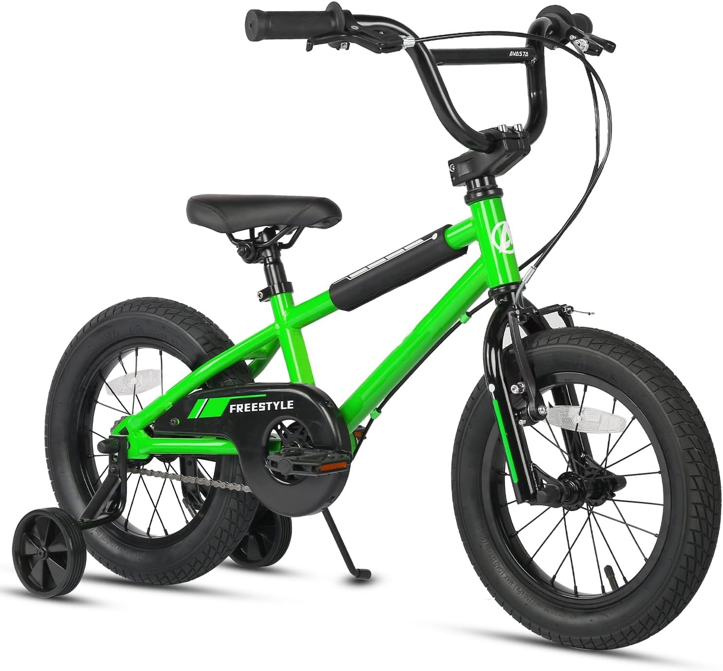 Green 16-inch kids bicycle with training wheels, freestyle design, and black rims.