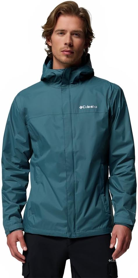 Men’s waterproof rain jacket lightweight breathable outdoor hooded shell teal green model front view
