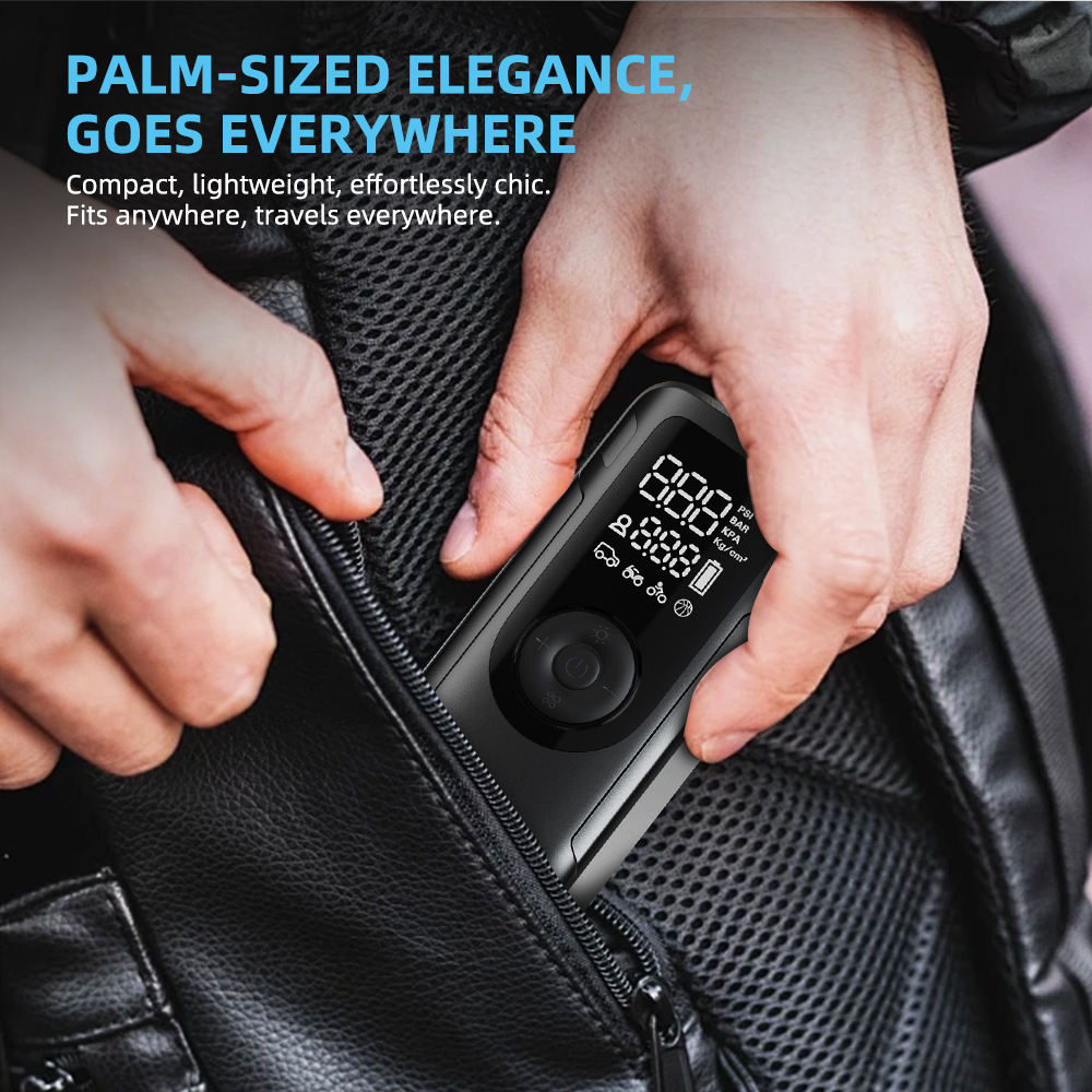 Palm-sized portable tire inflator easily stored in a bag for travel and emergency use