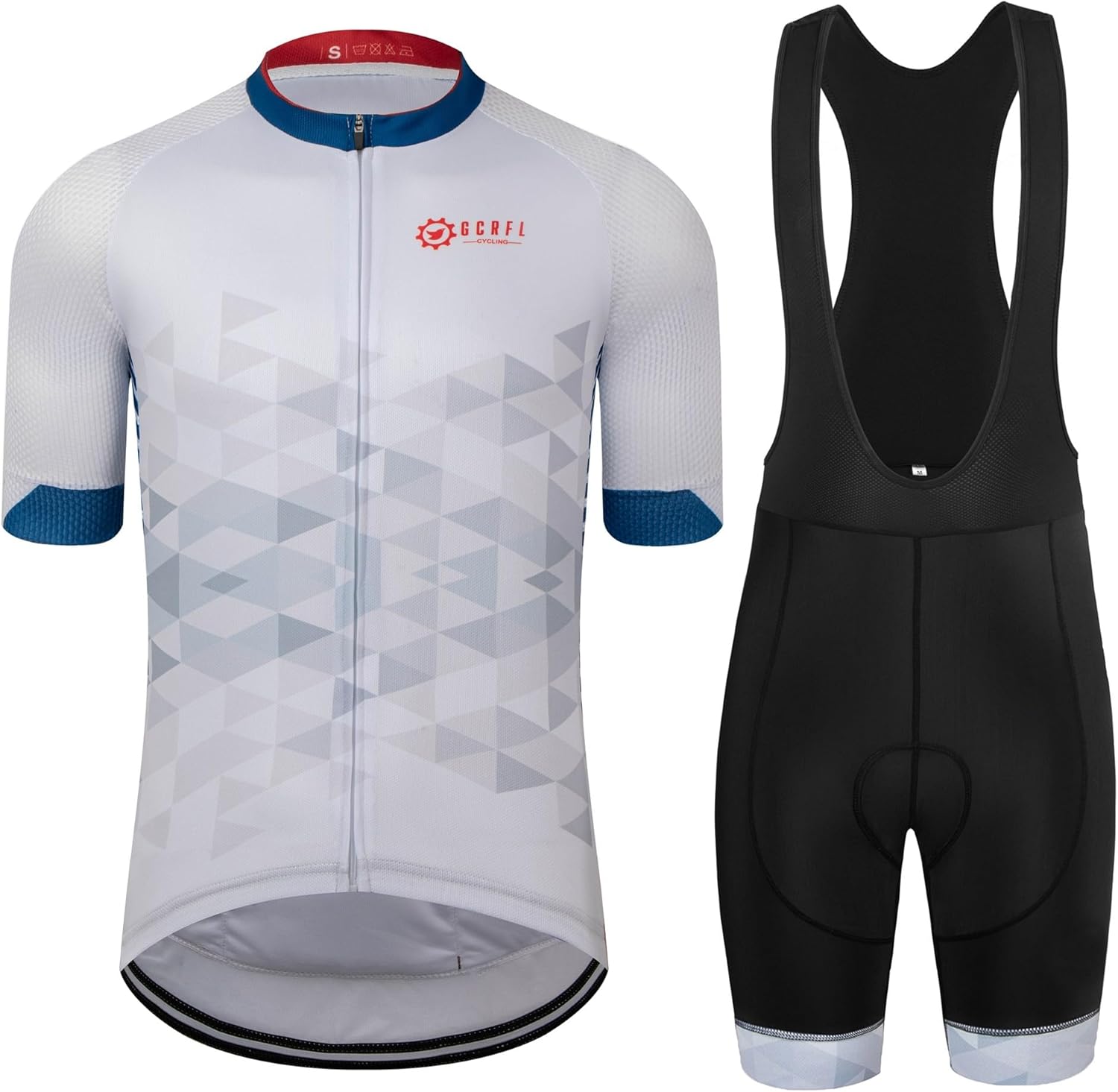 Men’s cycling jersey and bib shorts set short sleeve road bike outfit with 4D padded shorts white blue trim front view