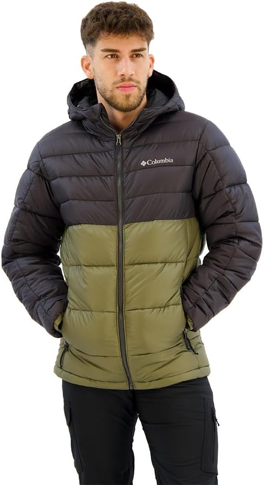 Men’s insulated hooded puffer jacket lightweight warm winter outdoor coat black green color block front view