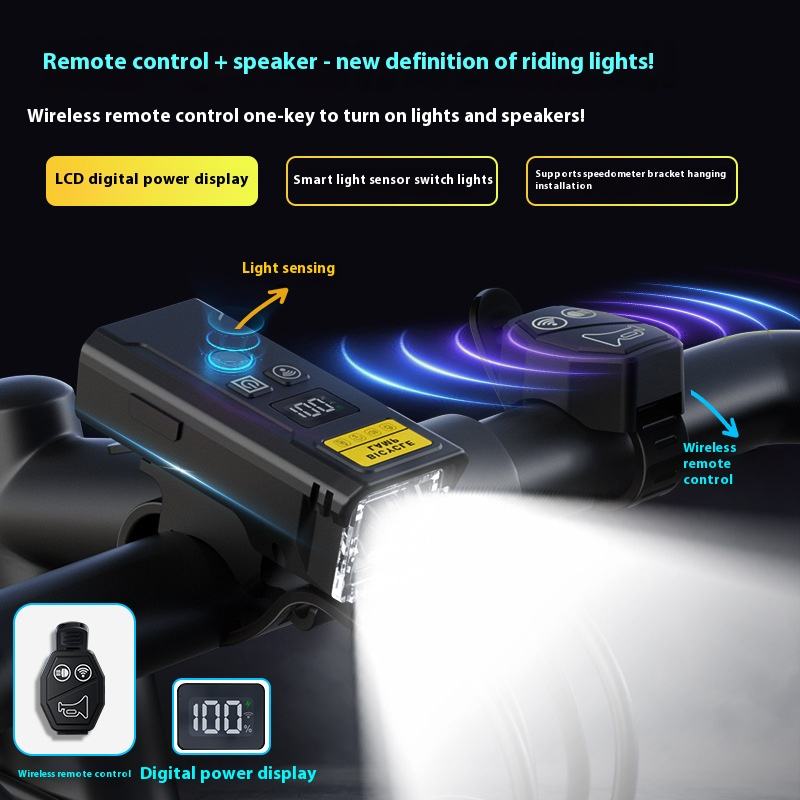 Product image showcasing a smart LED bicycle light for night riding. Key features highlighted include a high-decibel horn for safety, an auto light sensor that turns on based on brightness, USB rechargeable capability, a wireless Bluetooth remote, and an anti-lock braking system.