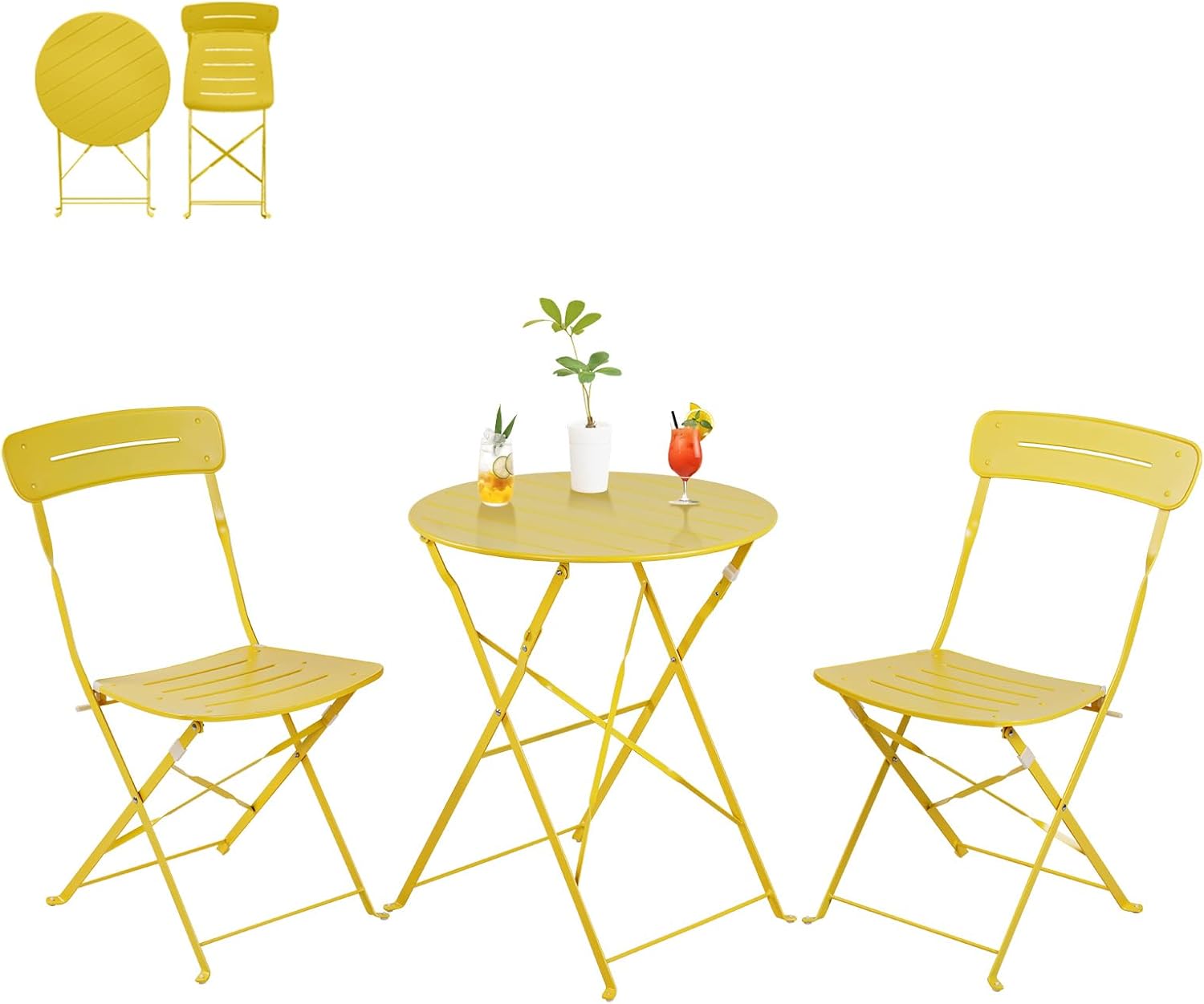 yellow metal folding bistro set outdoor patio table with two chairs balcony furniture