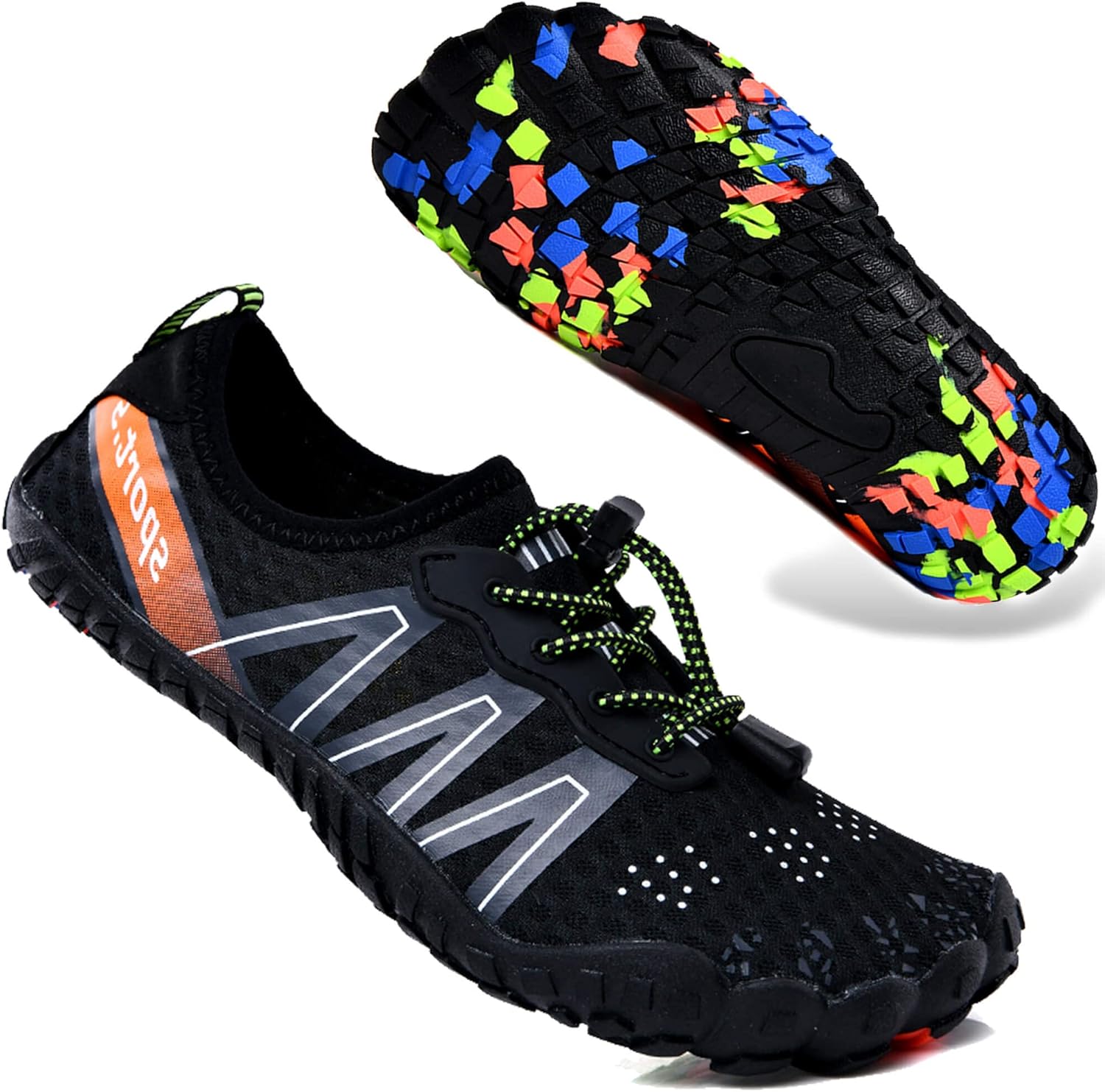 Unisex quick dry barefoot water shoes lightweight beach surf swim aqua shoes black orange front view