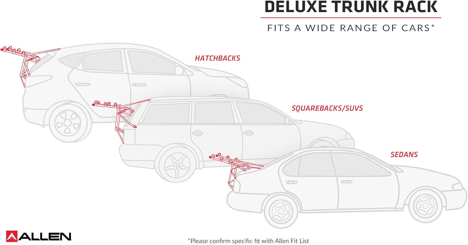 Technical illustration of a deluxe trunk bike rack showing frame structure and mounting components.
