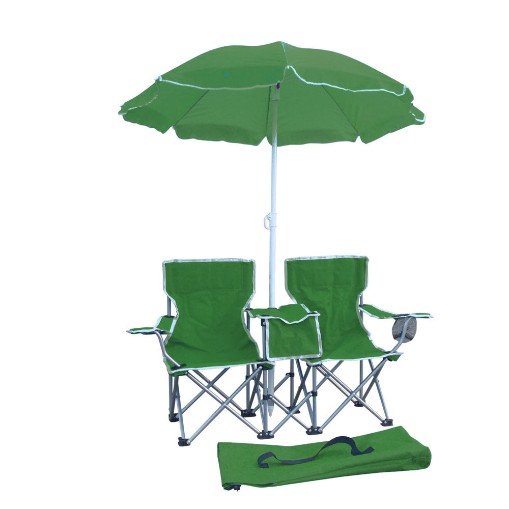 Green portable 2-person camping chair set with umbrella and cooler bag for outdoor picnic