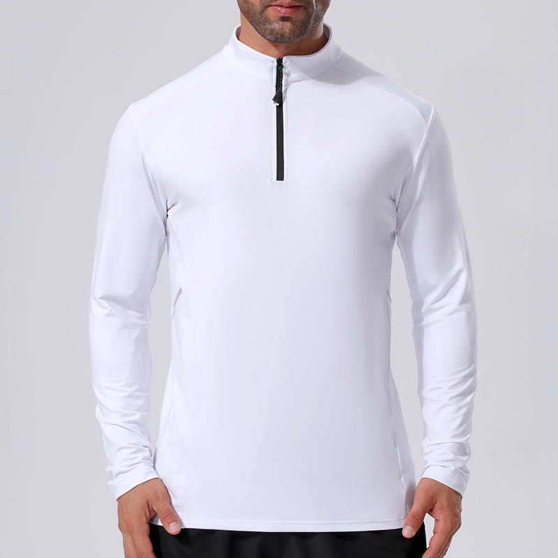 Men’s 1/4 zip compression long sleeve shirt quick dry moisture wicking sports top white color front view