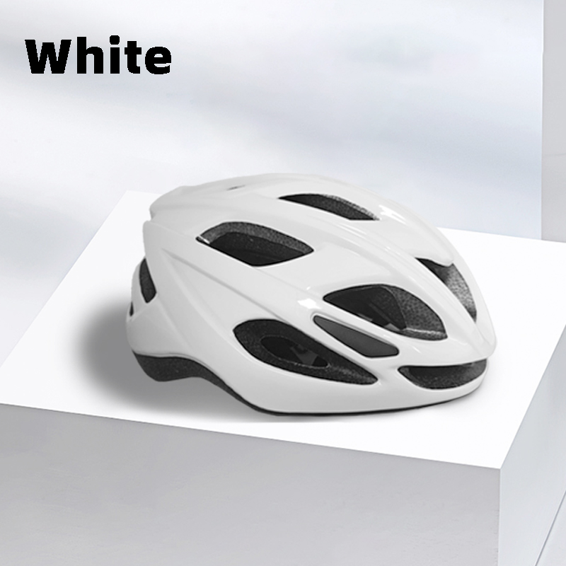 Lightweight white bicycle helmet with large ventilation openings displayed on a white stand.