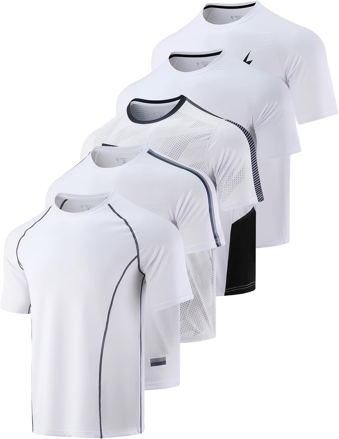 Men’s quick dry athletic t-shirts 5 pack moisture wicking crew neck shirts white color set front view