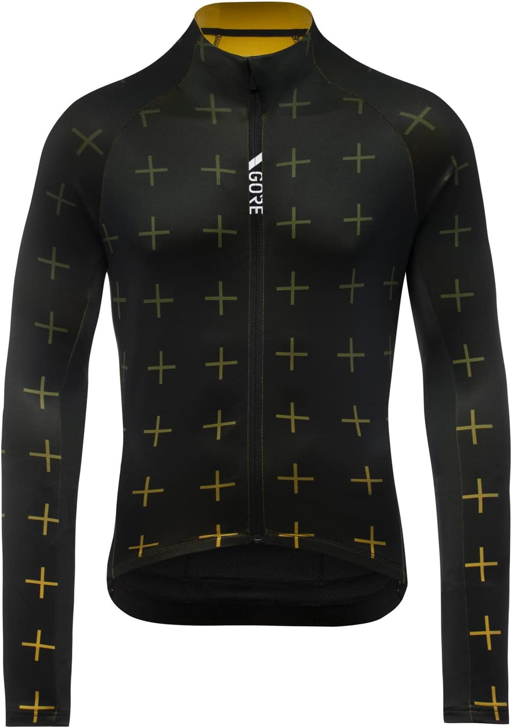 Men’s thermal cycling jersey long sleeve fleece lined bike jersey for cold weather riding black yellow pattern front view