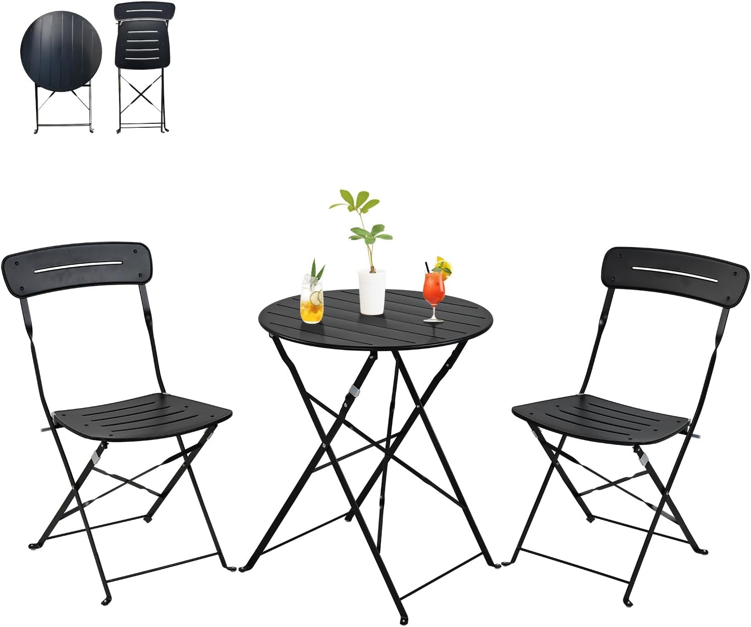 black 3 piece folding bistro set outdoor metal patio table and chairs compact balcony furniture