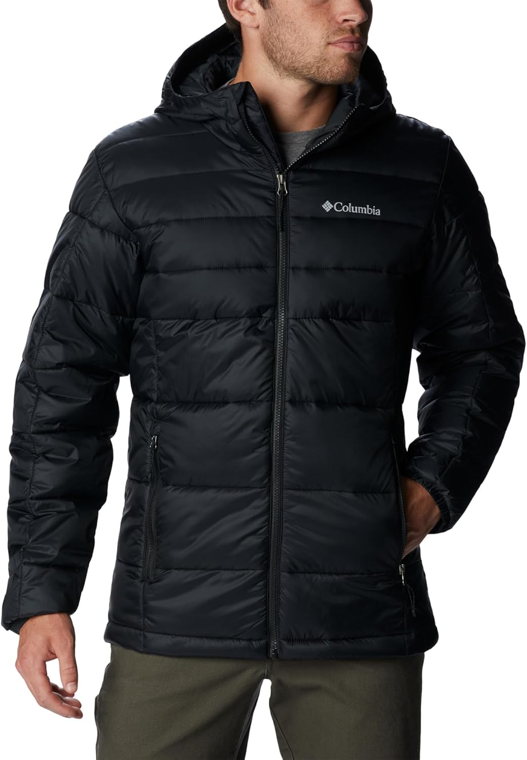 Men’s insulated hooded puffer jacket lightweight warm winter outdoor coat black full front view