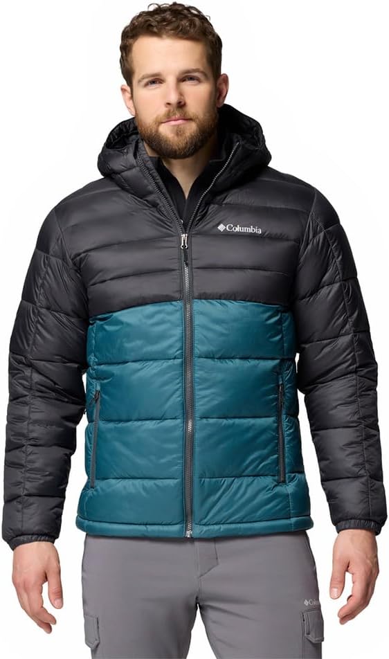 Men’s insulated hooded puffer jacket lightweight warm winter outdoor coat black teal color block front view