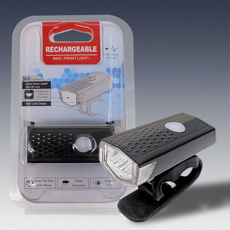 Packaged USB rechargeable bicycle headlight set, showcasing clear and compact bike light accessory