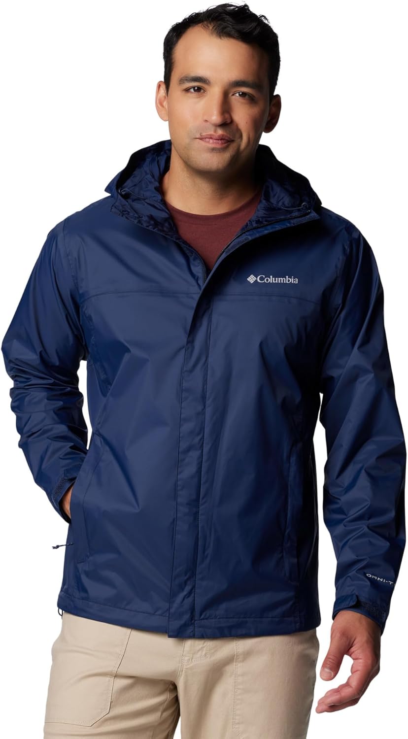Men’s waterproof rain jacket lightweight breathable outdoor hooded shell navy blue model front view