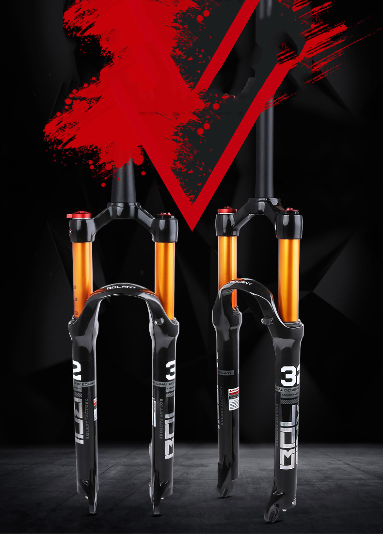 Black and gold MTB air suspension front fork with 31.8mm stanchions and remote lockout, designed for 26/27.5/29 inch mountain bikes with disc brake compatibility and enhanced shock absorption.