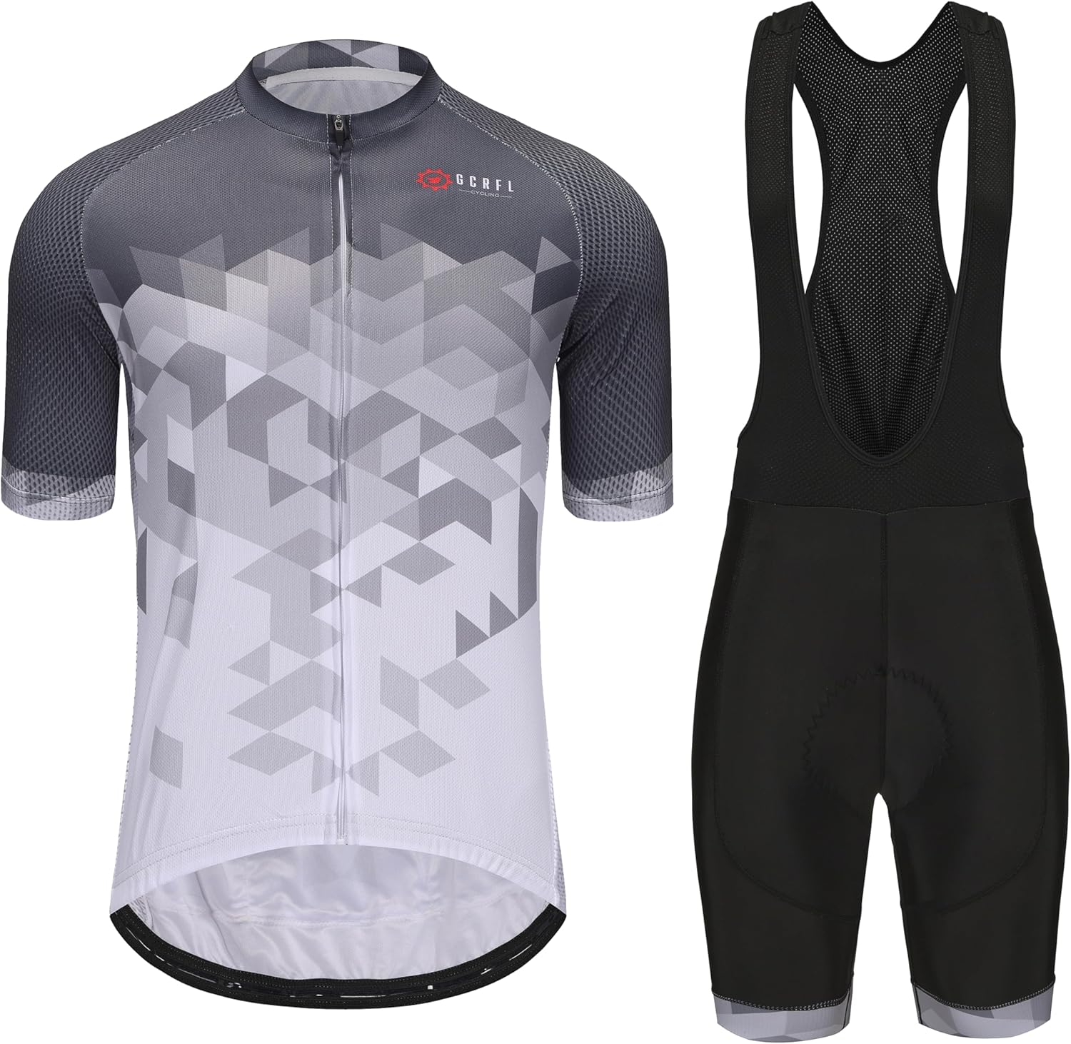 Men’s cycling jersey and bib shorts set short sleeve road bike outfit with 4D padded shorts grey camo front view