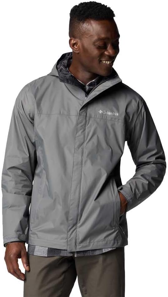 Men’s waterproof rain jacket lightweight breathable outdoor hooded shell grey model front view