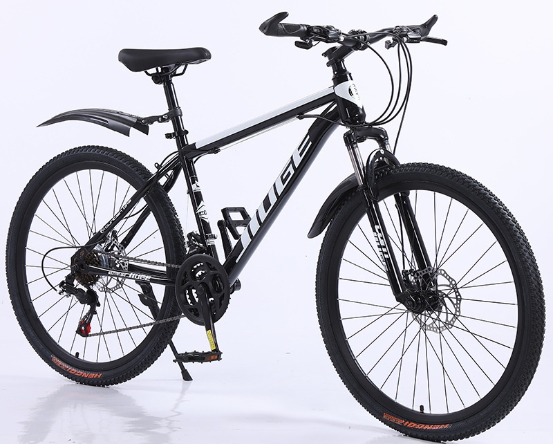 Black and white adult mountain bike featuring a durable frame, front suspension fork, and all-terrain tires.