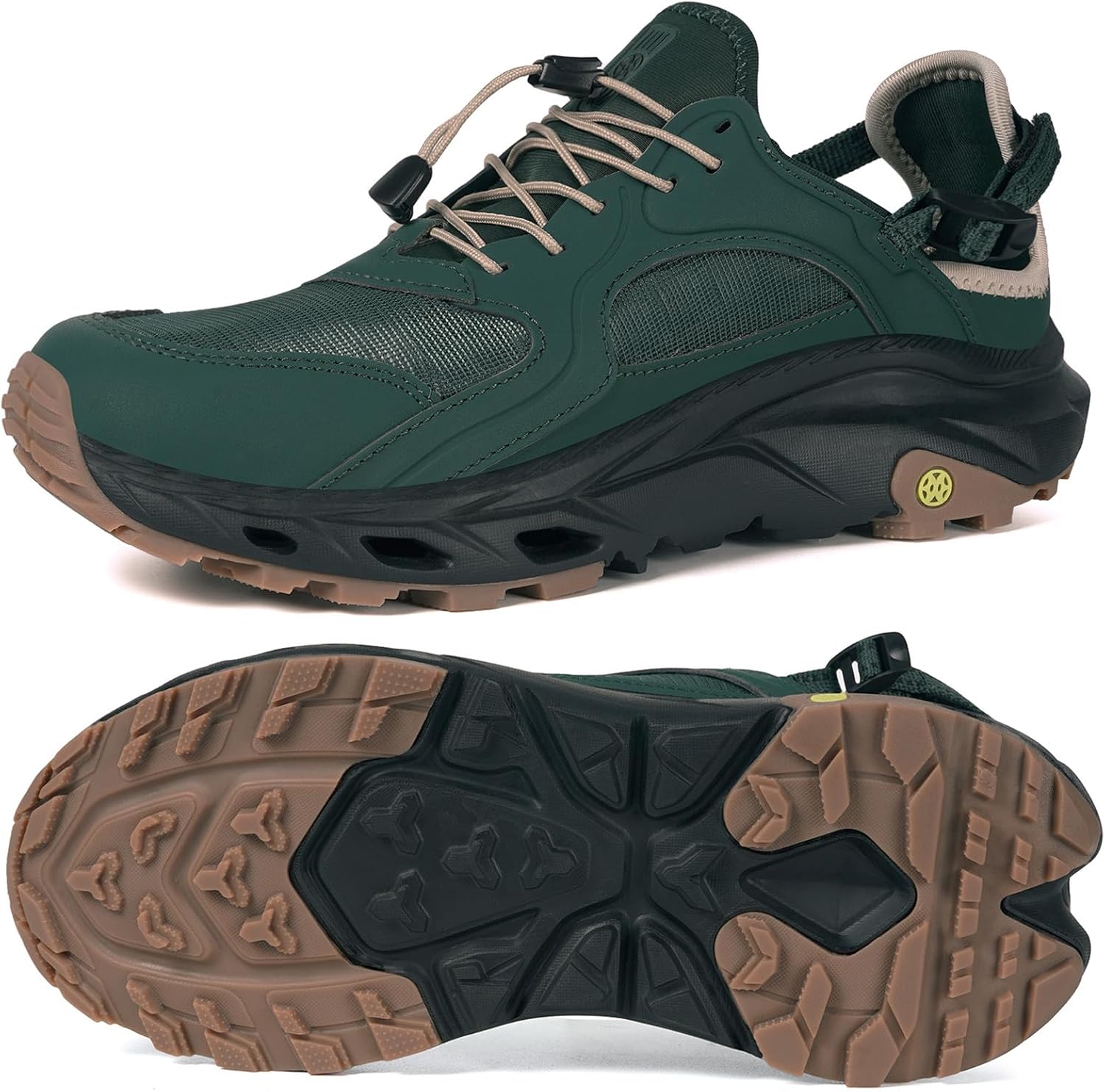 Men’s amphibious water sandals quick dry closed toe hiking beach aqua shoes green color front and sole view