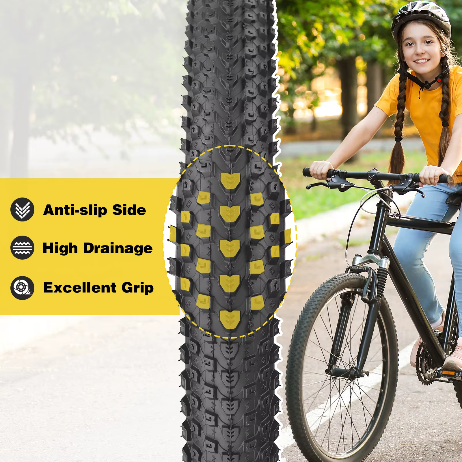 Close-up of a mountain bike tire tread highlighting anti-slip side knobs, high drainage channels, and excellent grip design, with a child wearing a helmet riding a bicycle on a park path in the background. 🚴‍♀️