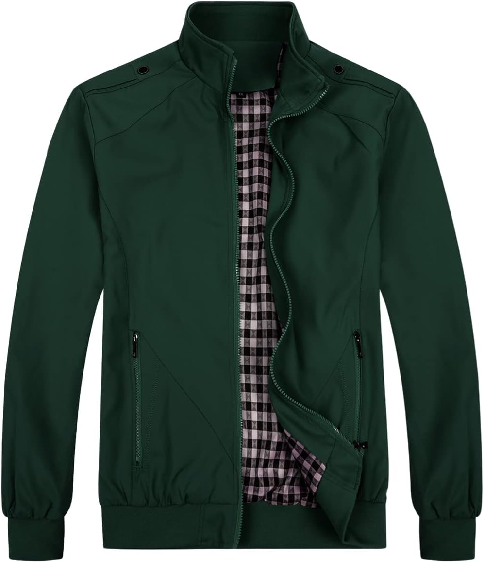 Men’s lightweight bomber jacket casual regular fit spring summer windbreaker green front view