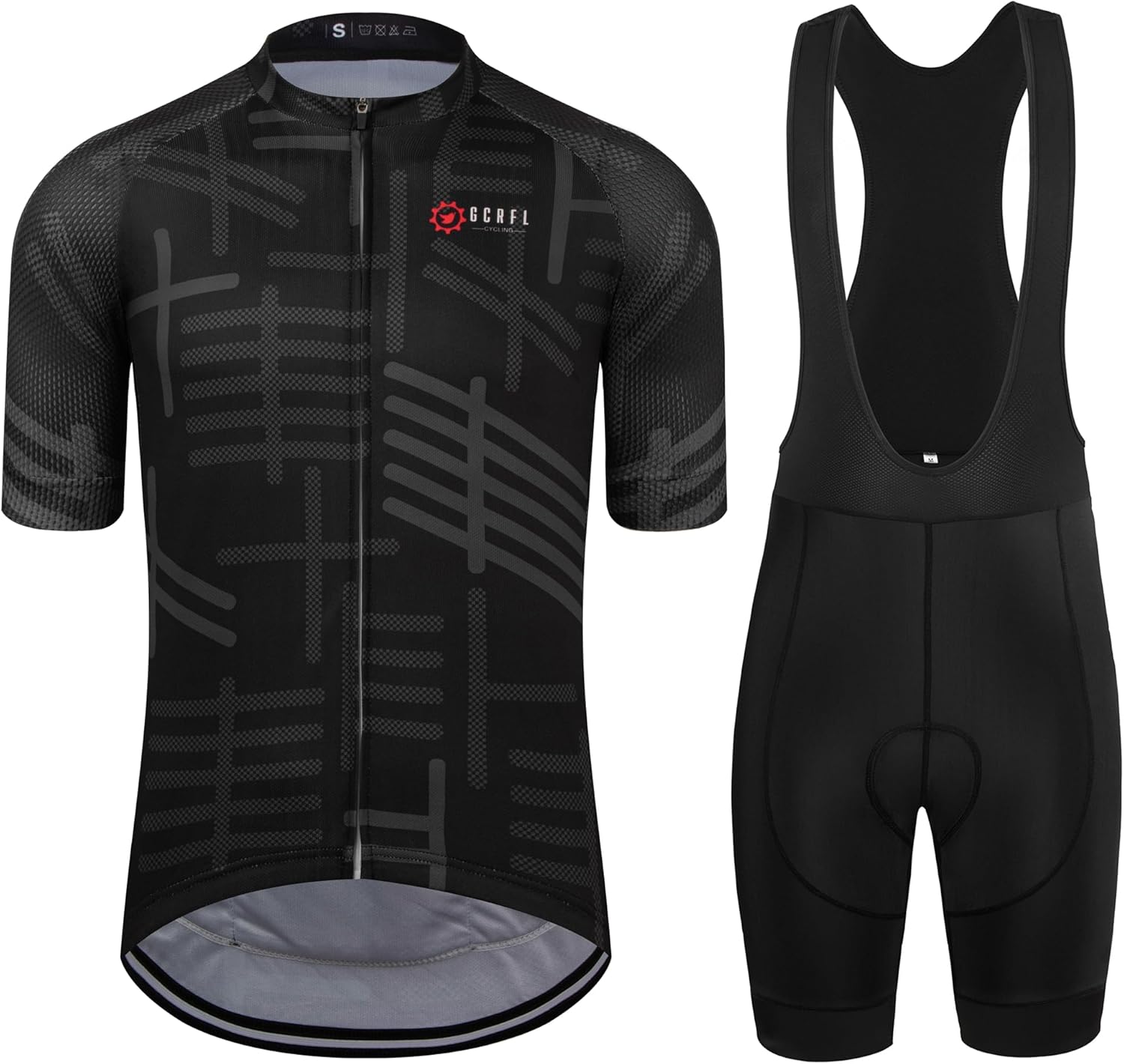 Men’s cycling jersey and bib shorts set short sleeve road bike outfit with 4D padded shorts black striped design front view