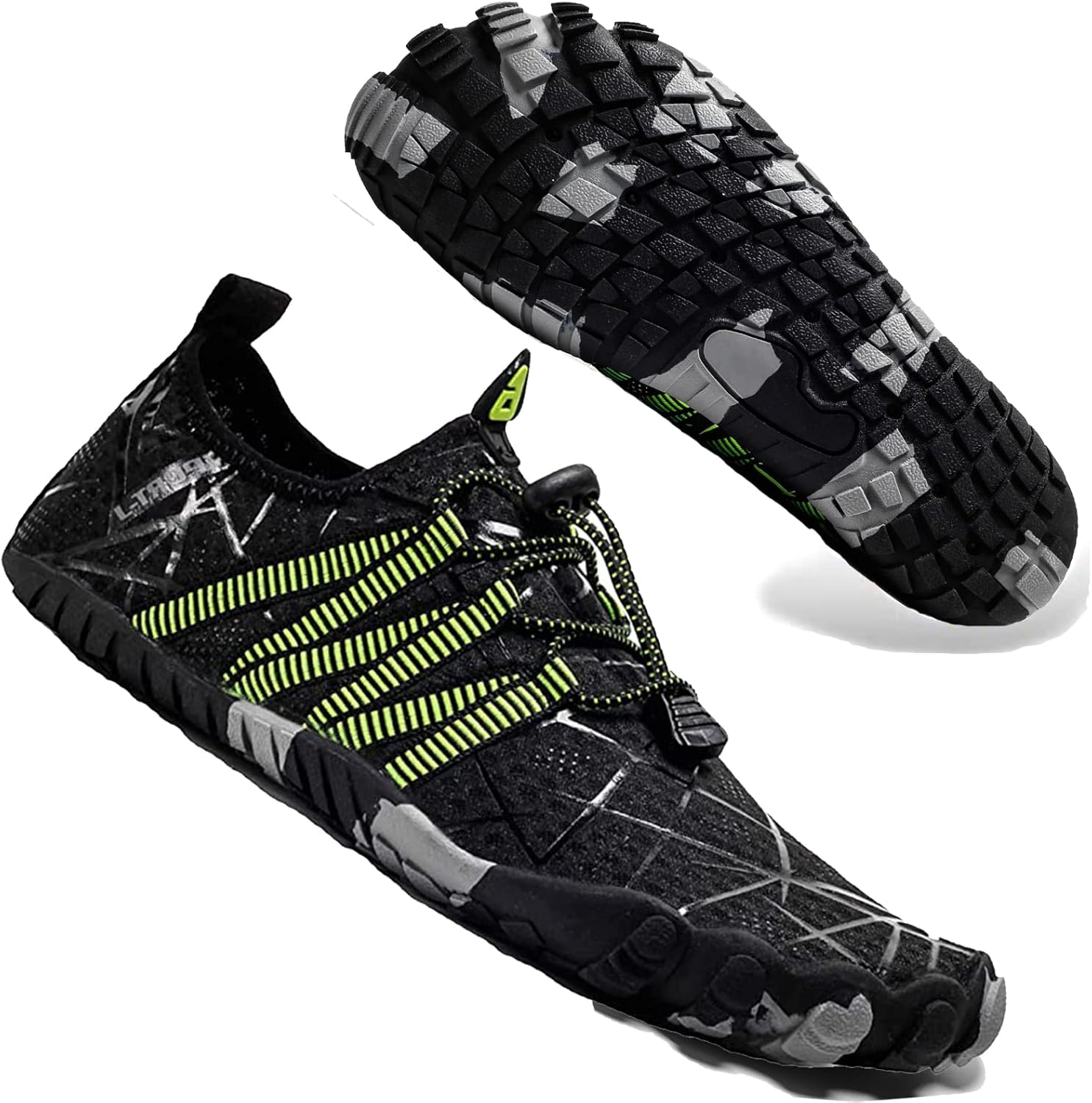 Unisex quick dry barefoot water shoes lightweight beach surf swim aqua shoes black green second style front view