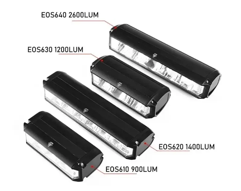 Comparison of EOS series LED bike headlights including EOS610 900 lumens, EOS620 1400 lumens, EOS630 1200 lumens, and EOS640 2600 lumens rechargeable bicycle lights