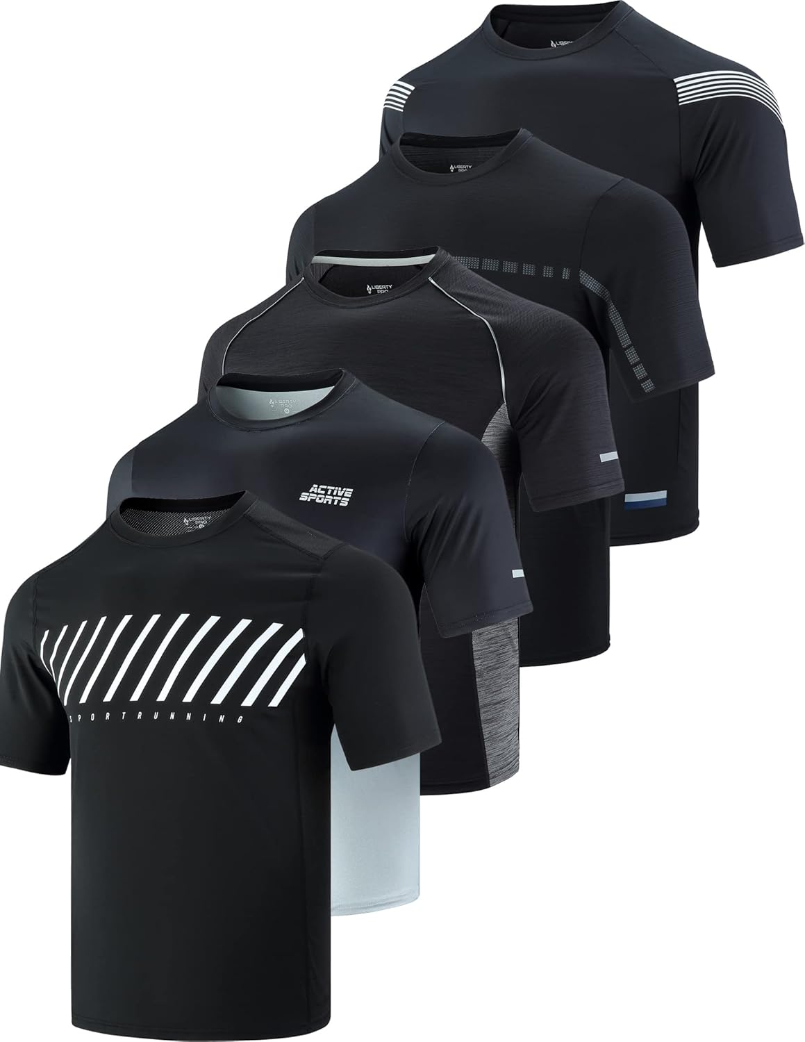 Men’s quick dry athletic t-shirts 5 pack moisture wicking running shirts black gradient set front view