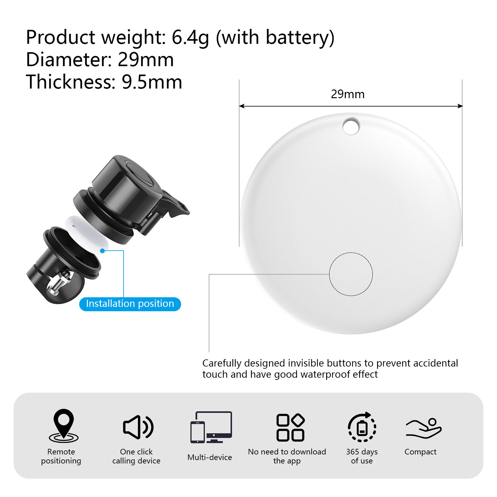 Compact bike GPS tracker dimensions showing lightweight round locator device with mount
