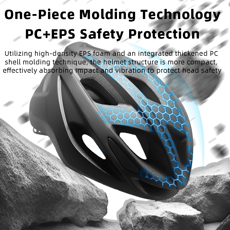 Black bicycle helmet with one-piece in-mold construction combining PC shell and EPS foam for enhanced safety protection.